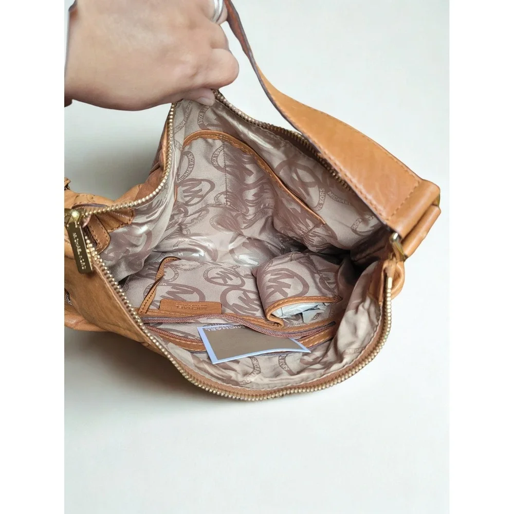 Michael Kors Cognac Brown Leather‎ Medium Shoulder Satchel Bag Buckles Boho Hobo